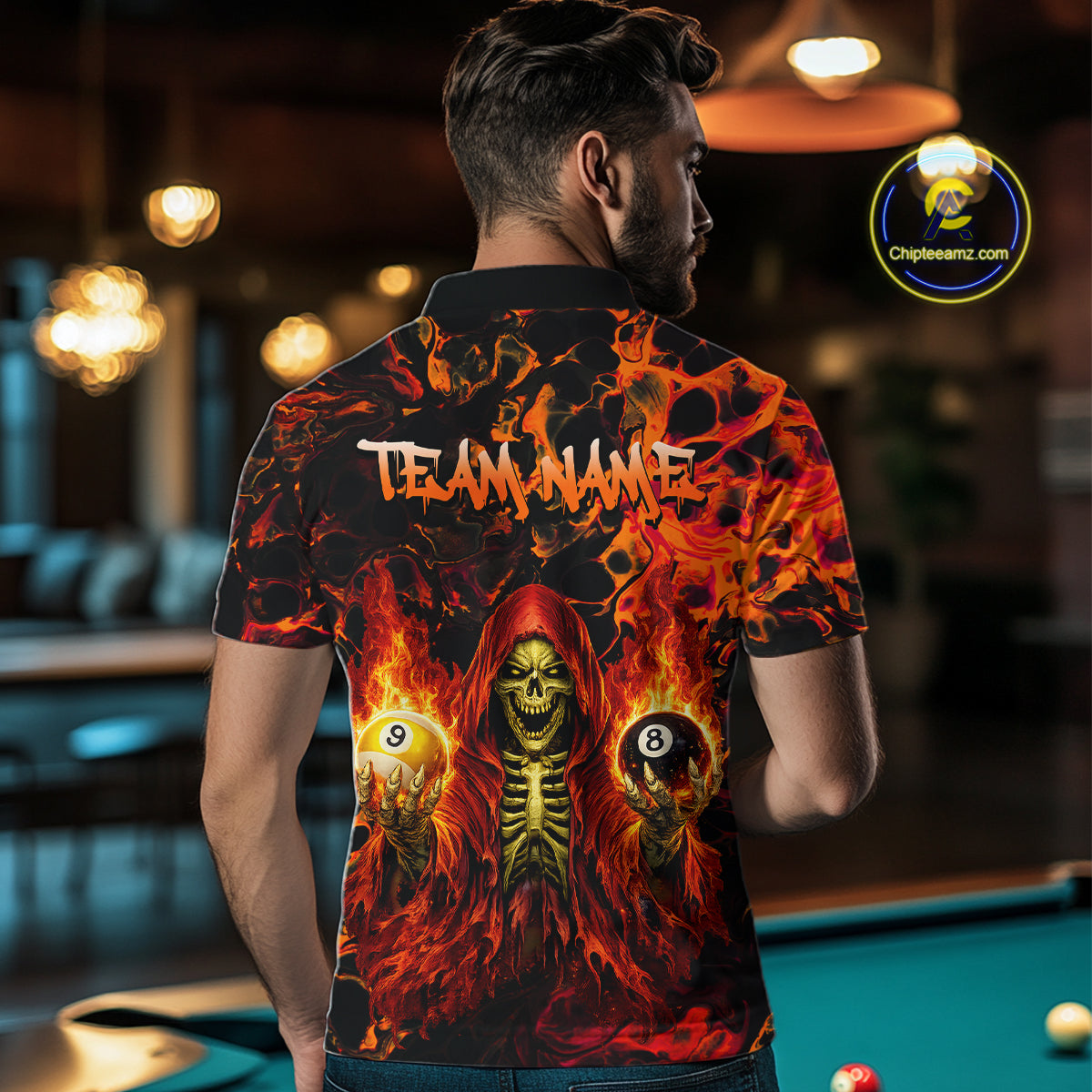 Person wearing a shirt with a fiery design and text, standing in a pool hall.