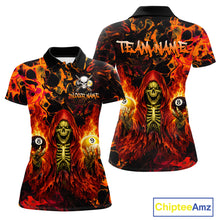 Load image into Gallery viewer, Polo shirt with fiery design and skeleton holding a bowling ball, featuring 'Team Name' text.