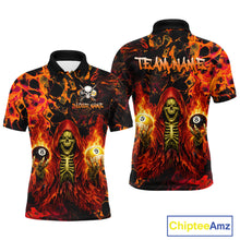 Load image into Gallery viewer, Two views of a shirt with a fiery design and skeleton holding balls, featuring the brand 'Chiptee Amz'.