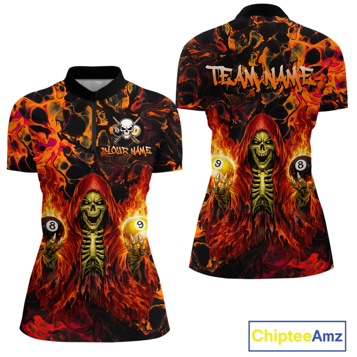 Two polo shirts with fiery design and skeleton holding billiard balls, featuring 'Team Name' and 'Chiptee Amz' branding.