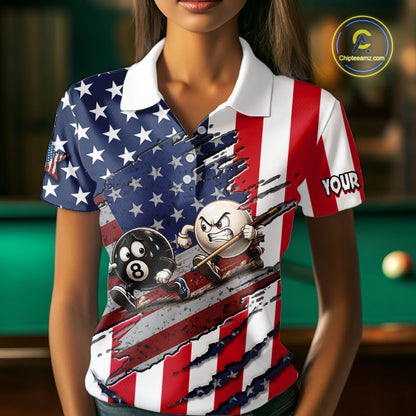 A woman wearing a short-sleeve polo shirt with a patriotic American flag design, featuring a cartoon 8-ball and cue stick graphic on the front, with 'YOUR NAME' printed on the sleeve.