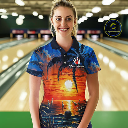 Custom Bowling Jersey Polo & 1/4 Zip Sunset Tropical Sublimated Bowling Shirt for Women QZT836