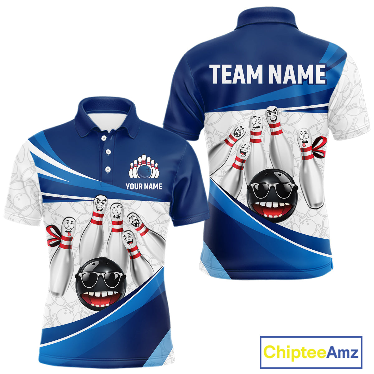 Blue Funny Bowling Shirt Custom Pattern Bowling Team Jersey Polo & 1/4-Zip Bowling Gift for Men QZT930