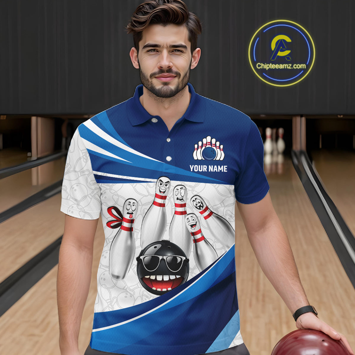 Blue Funny Bowling Shirt Custom Pattern Bowling Team Jersey Polo & 1/4-Zip Bowling Gift for Men QZT930