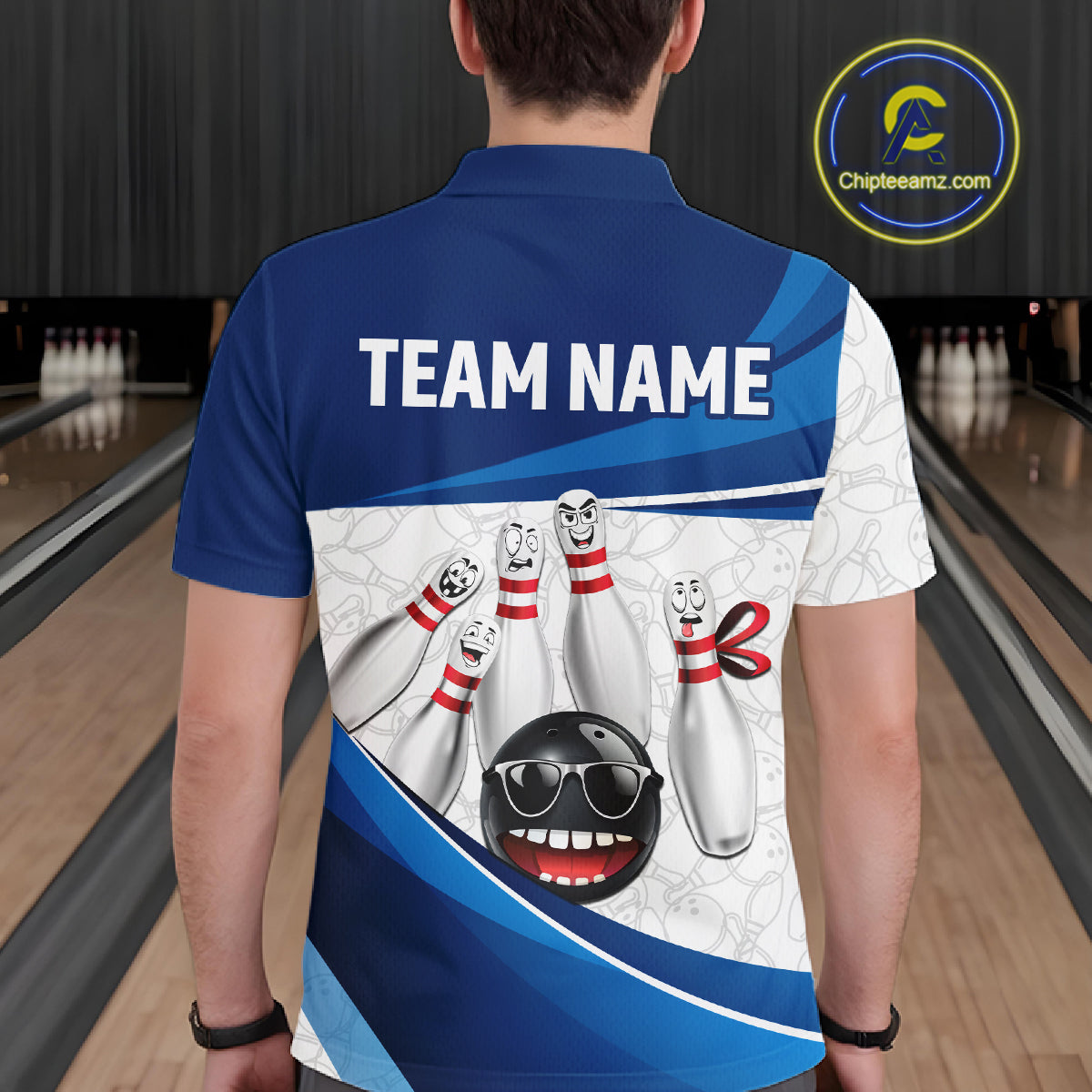 Blue Funny Bowling Shirt Custom Pattern Bowling Team Jersey Polo & 1/4-Zip Bowling Gift for Men QZT930