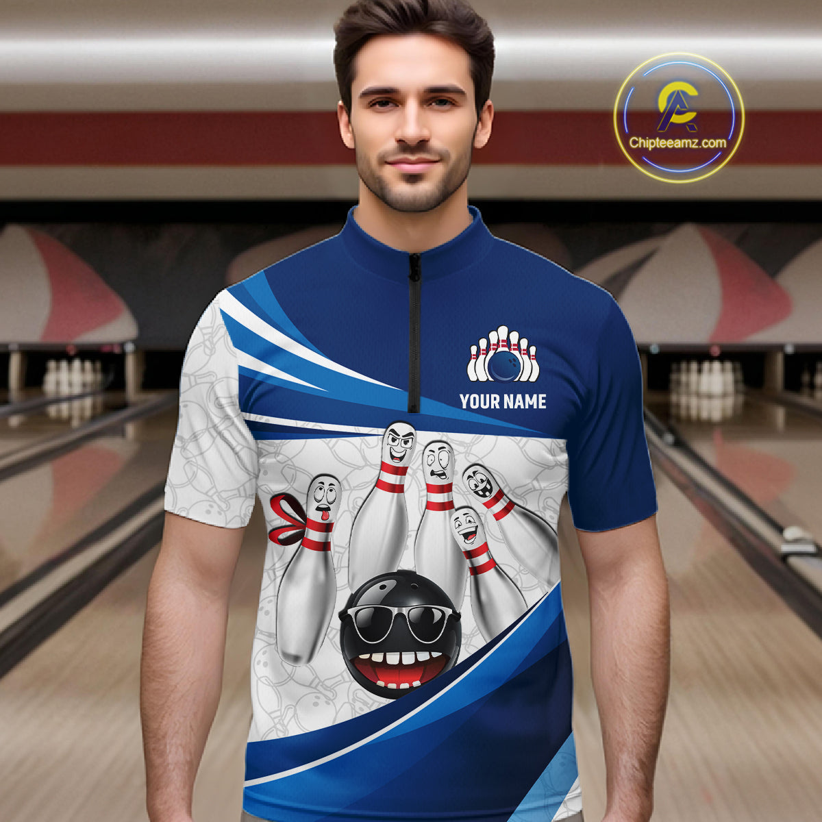 Blue Funny Bowling Shirt Custom Pattern Bowling Team Jersey Polo & 1/4-Zip Bowling Gift for Men QZT930
