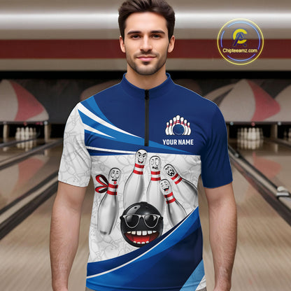 Blue Funny Bowling Shirt Custom Pattern Bowling Team Jersey Polo & 1/4-Zip Bowling Gift for Men QZT930