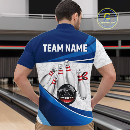 Blue Funny Bowling Shirt Custom Pattern Bowling Team Jersey Polo & 1/4-Zip Bowling Gift for Men QZT930