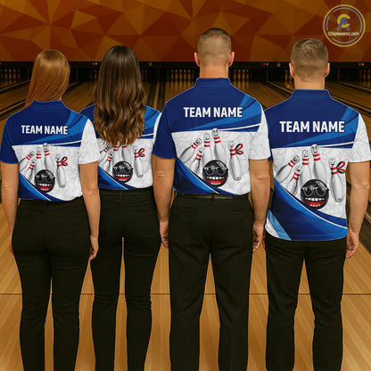 Blue Funny Bowling Shirt Custom Pattern Bowling Team Jersey Polo & 1/4-Zip Bowling Gift for Women QZT930