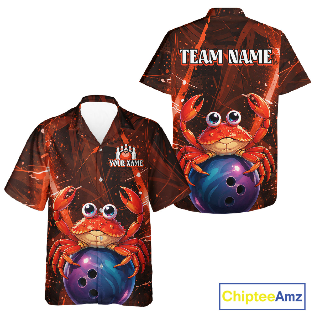 Shirt with a crab and bowling ball design, customizable with team name and player name, brand 'Chiptee Amz' visible.
