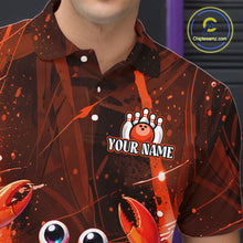Load image into Gallery viewer, Person wearing a custom bowling-themed shirt with a logo and text overlay.