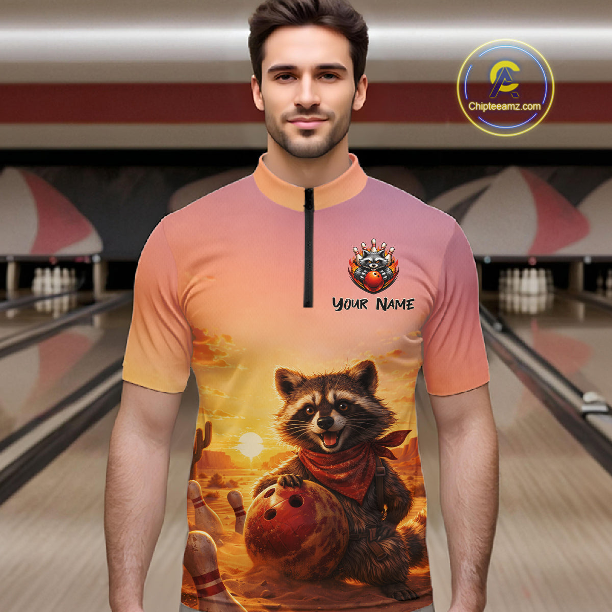Custom Sunset Raccoon Bowling Team Shirt for Men Bowling Jesey Polo & Quarter-Zip Bowling Outfit QZT977