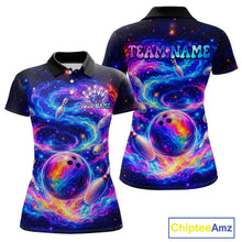 Load image into Gallery viewer, Colorful bowling-themed polo shirt with 'Team Name' and 'Your Name' text on a white background.