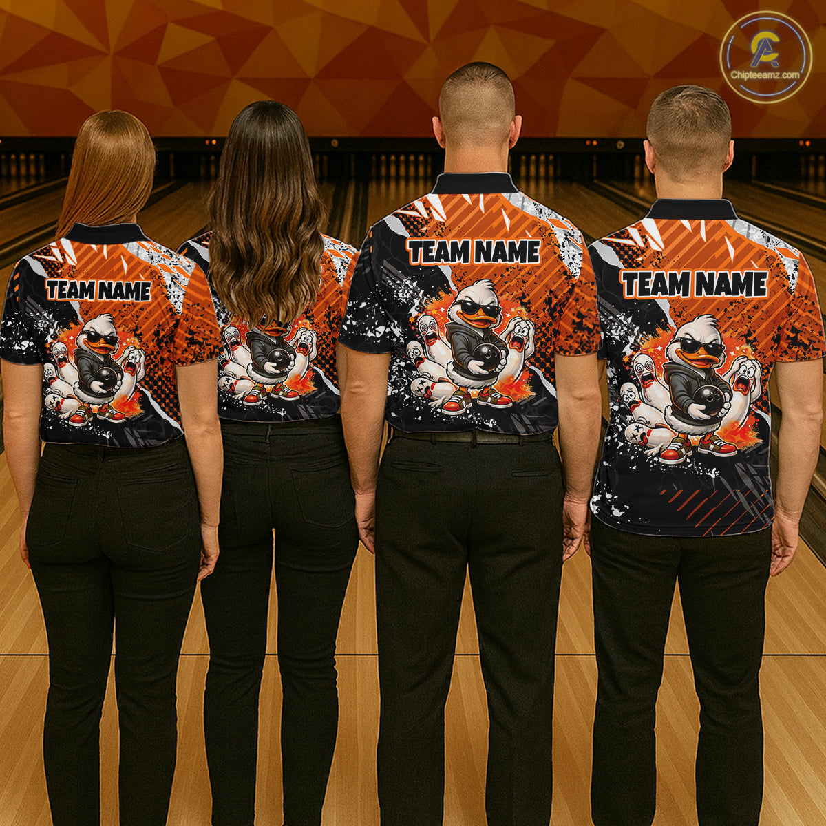Custom Orange Funny Duck Bowling Team Shirt for Men Bowling League Jersey Polo & Quarter-Zip QZT895