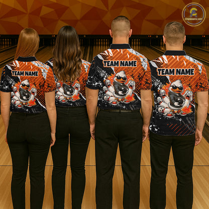 Custom Orange Funny Duck Bowling Team Shirt for Men Bowling League Jersey Polo & Quarter-Zip QZT895