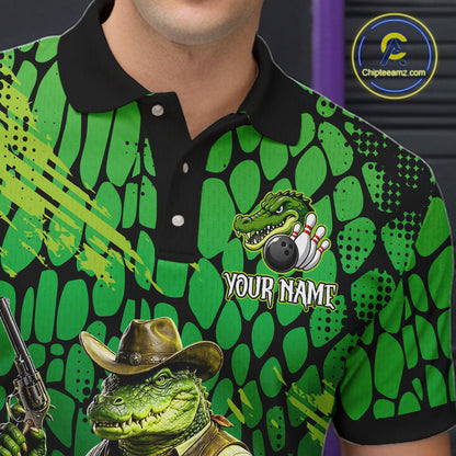 Funny Green Cowboy Alliagator Bowling Shirt for Men Custom Bowling Team Jersey Polo & 1/4-Zip Bowling Outfit QZT1012