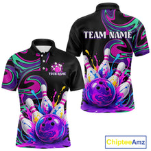 Load image into Gallery viewer, Black bowling-themed polo shirt with colorful design and space for customization on a white background.