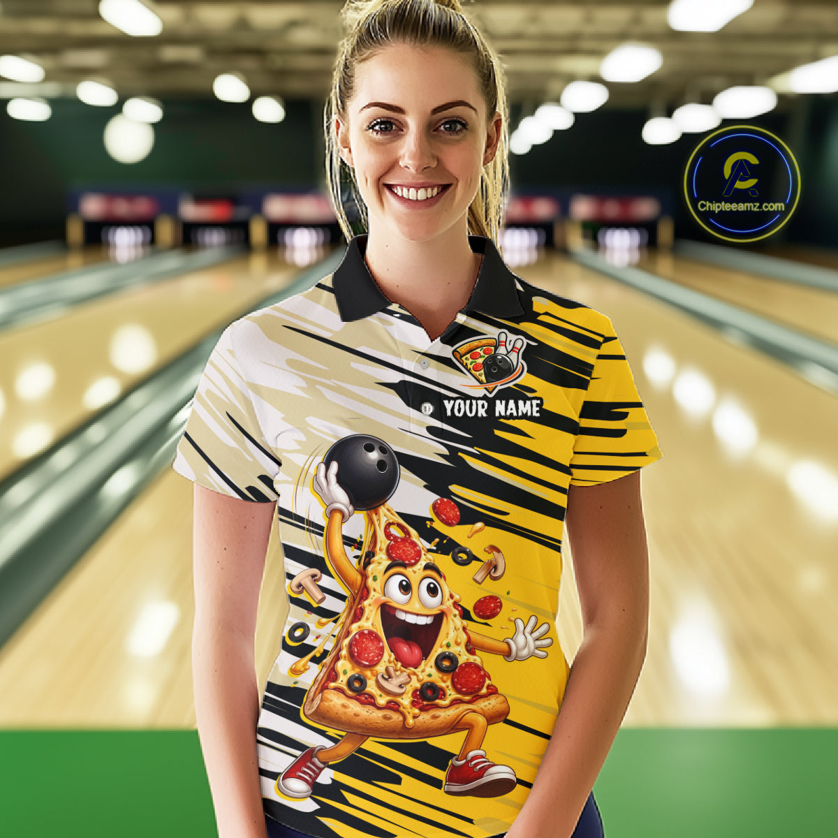 Person wearing a bowling shirt with a pizza design in a bowling alley.