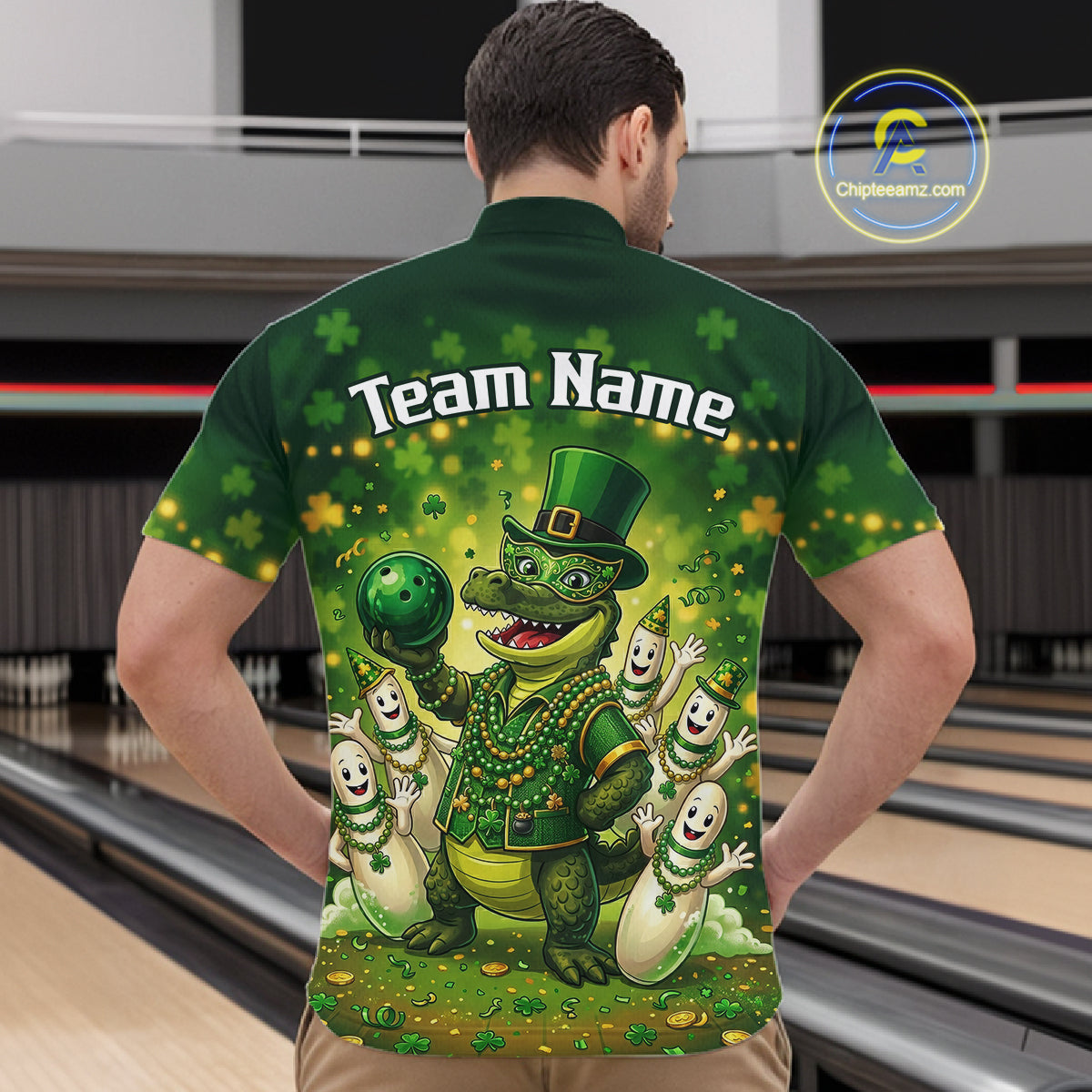 Custom Green Funny Alligator Bowling Shirt Samrock Pattern Bowling St. Patrick's Day for Men QZT935