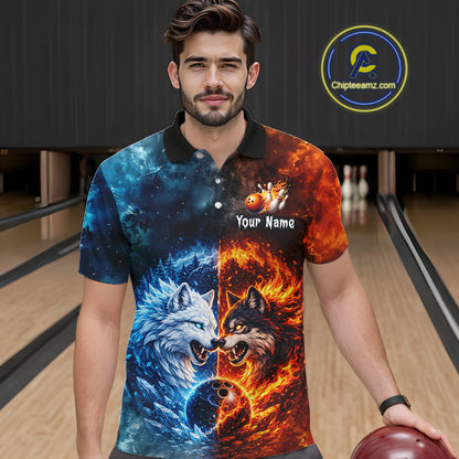 Fire and Ice Wolf Bowling Team Shirt Custom Bowling League Jersey for Men Bowling Polo & 1/4-Zip QZT937