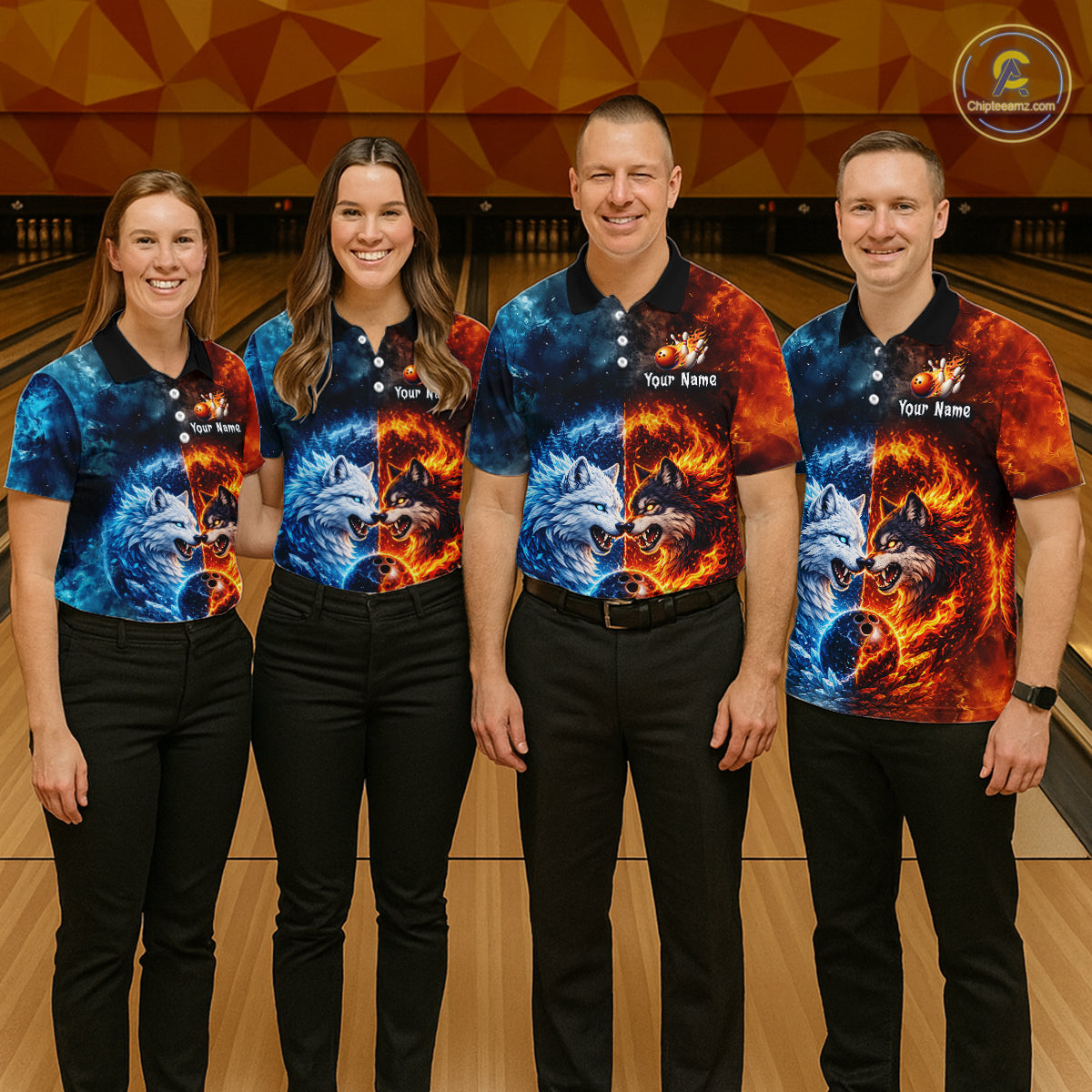 Fire and Ice Wolf Bowling Team Shirt Custom Bowling League Jersey for Men Bowling Polo & 1/4-Zip QZT937