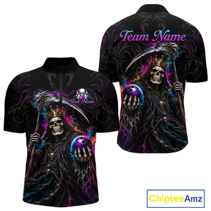 Black short-sleeve zip-up shirt shown from front and back, featuring a vivid grim reaper graphic with a skull, scythe, purple lightning effects, and customizable text reading 'Team Name' and 'Your Name'. A ChipteeAmz logo appears in the bottom right corner.