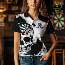 Load image into Gallery viewer, Personalized Skull Dart Shirts for Women Custom Black &amp; White Dart Jersey Polo &amp; Quarter-Zip Dartboard Shirt DHT24