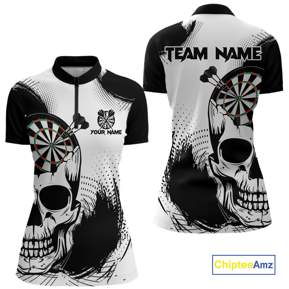 Personalized Skull Dart Shirts for Women Custom Black & White Dart Jersey Polo & Quarter-Zip Dartboard Shirt DHT24