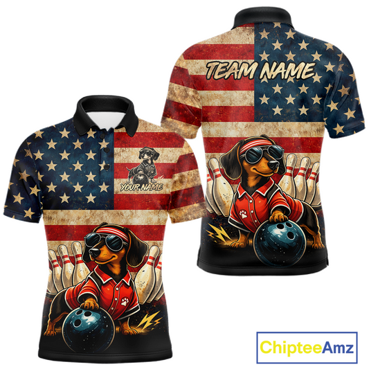 Custom American Flag Retro Dachshund Bowling Shirt Bowling Team Jersey for Men Polo & Quarter-Zip QZT942