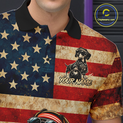 Custom American Flag Retro Dachshund Bowling Shirt Bowling Team Jersey for Men Polo & Quarter-Zip QZT942