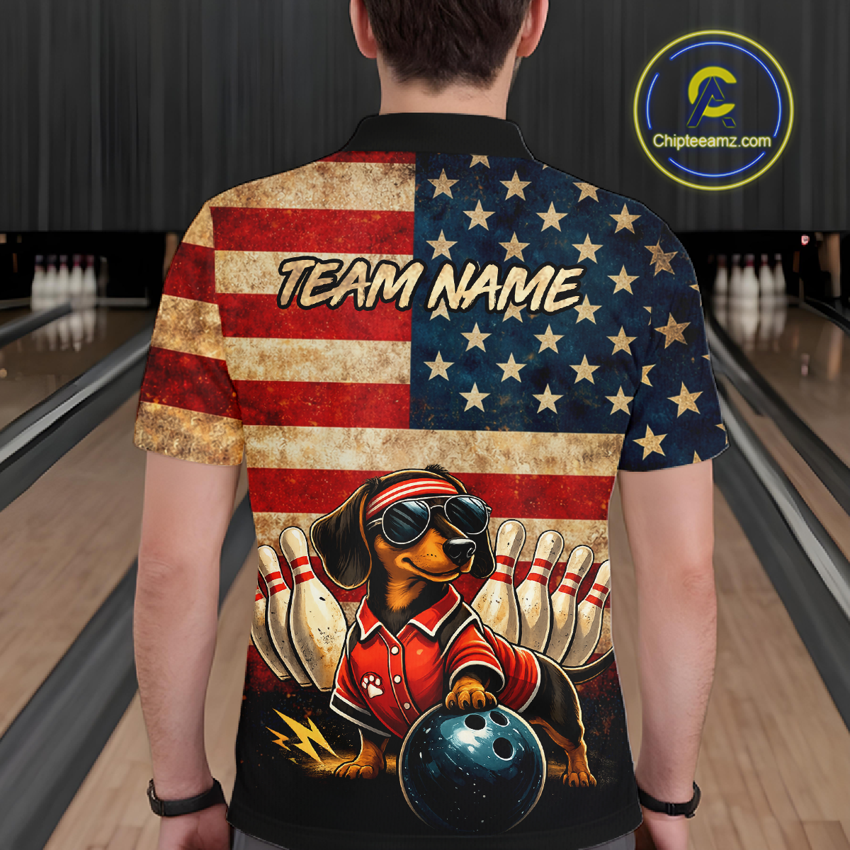 Custom American Flag Retro Dachshund Bowling Shirt Bowling Team Jersey for Men Polo & Quarter-Zip QZT942