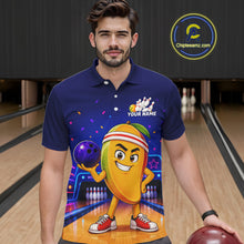 Load image into Gallery viewer, Man wearing a blue polo shirt with a colorful design of a character bowling in a bowling alley.