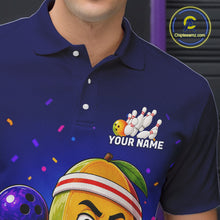 Load image into Gallery viewer, Blue polo shirt with bowling design and 'Your Name' text, brand logo visible