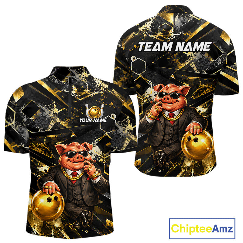Custom Funny Mafia Pig Bowling Shirt, Black and Gold Bowling League Jersey for Men, Bowling Outfit QZT1203