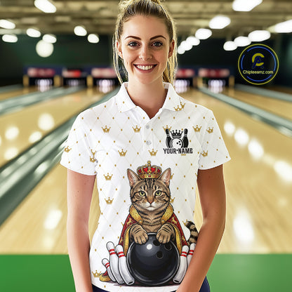 Funny Cat King Bowling Shirt, Custom Crown Bowling League Jersey for Women, Bowling Outfit QZT1202