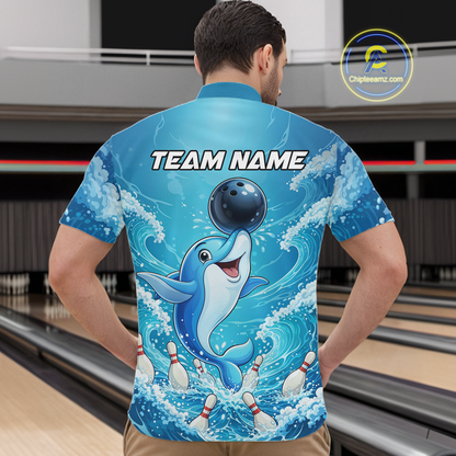 Custom Funny Dolphin Bowling Polo Shirt Blue Ocean Theme Team Jersey Bowling Outfit for Men QZT857