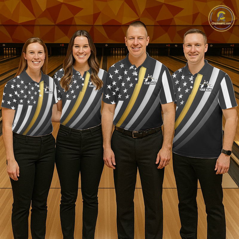 Custom Gold American Flag Bowling Shirt for Women Bowling Team Jersey Bowling Outfit QZT1200