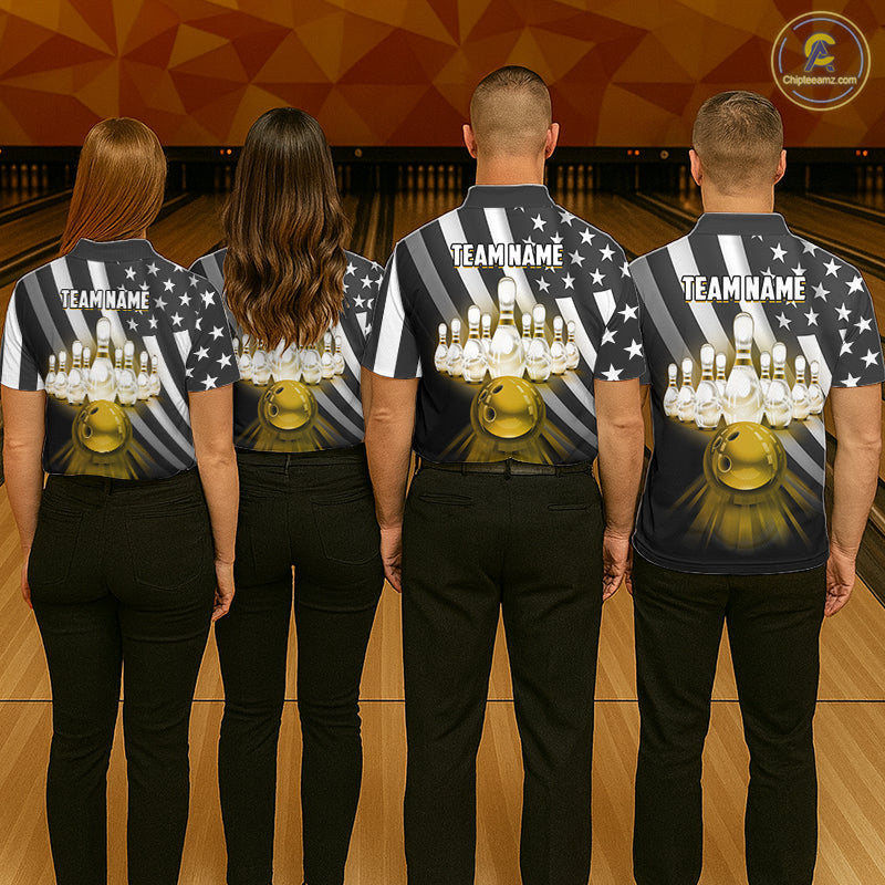 Custom Gold American Flag Bowling Shirt for Women Bowling Team Jersey Bowling Outfit QZT1200