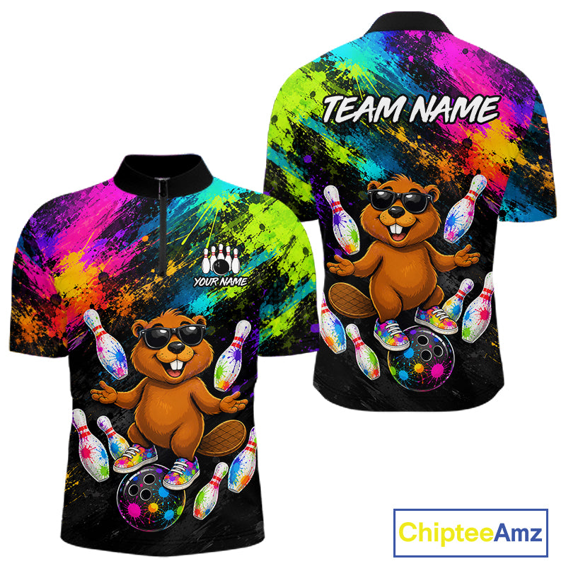 Custom Funny Beaver Bowling Shirt, Colorful Bowling League Jersey for Men, Bowling Outfit QZT1205