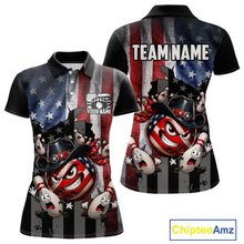 Load image into Gallery viewer, Polo shirt with American flag design and cartoon bowling ball character, customizable text on a white background.