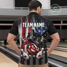 Load image into Gallery viewer, Person wearing a bowling-themed shirt with an American flag design in a bowling alley.