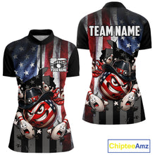 Load image into Gallery viewer, Polo shirt with American flag design and cartoon character, customizable text on a white background.