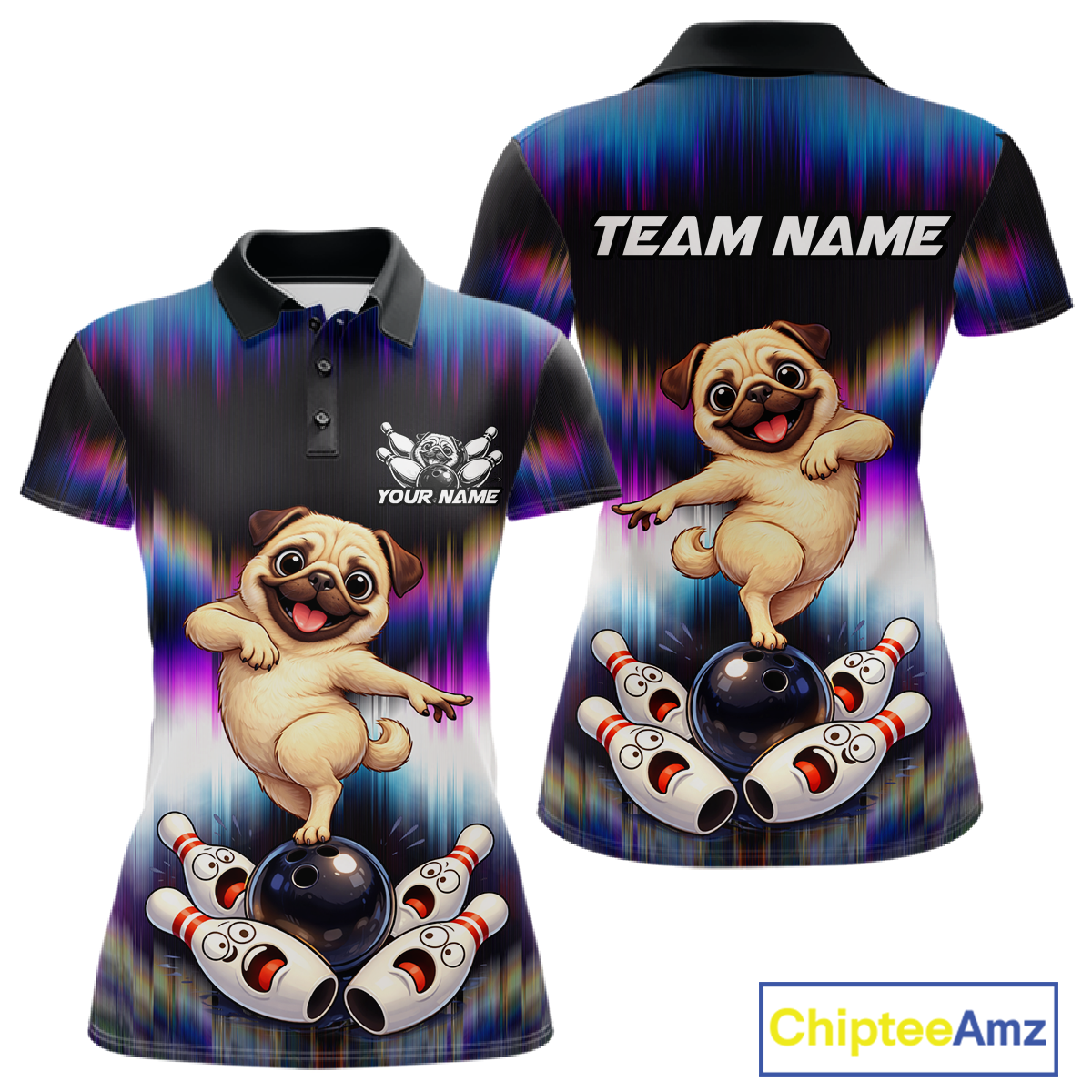 Custom Colorful Funny Pug Dog Bowling Shirt Bowling Jersey for Women Polo & 1/4-Zip Bowling Outfit QZT905