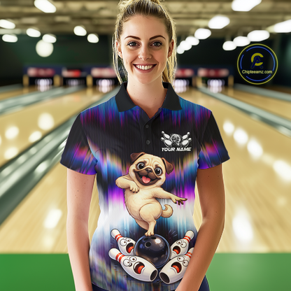 Custom Colorful Funny Pug Dog Bowling Shirt Bowling Jersey for Women Polo & 1/4-Zip Bowling Outfit QZT905