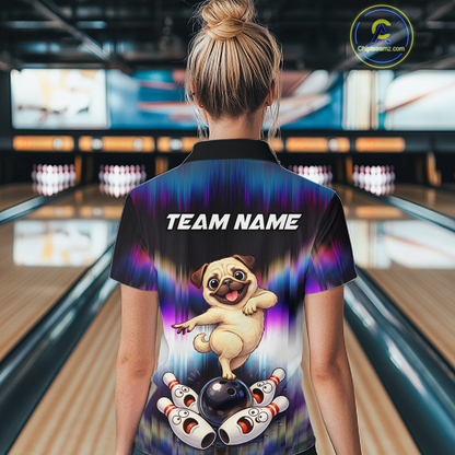 Custom Colorful Funny Pug Dog Bowling Shirt Bowling Jersey for Women Polo & 1/4-Zip Bowling Outfit QZT905