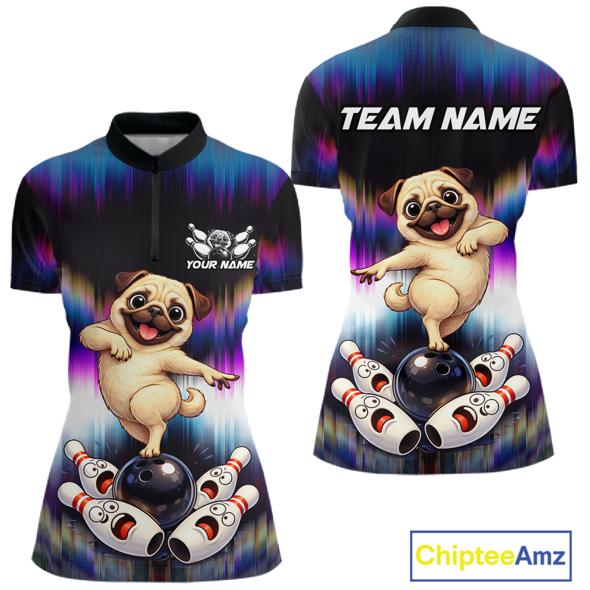 Custom Colorful Funny Pug Dog Bowling Shirt Bowling Jersey for Women Polo & 1/4-Zip Bowling Outfit QZT905