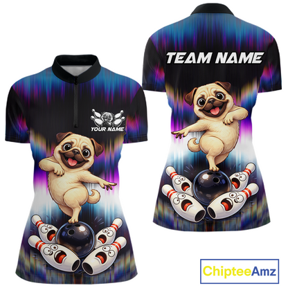 Custom Colorful Funny Pug Dog Bowling Shirt Bowling Jersey for Women Polo & 1/4-Zip Bowling Outfit QZT905