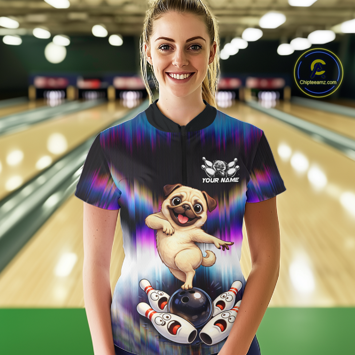 Custom Colorful Funny Pug Dog Bowling Shirt Bowling Jersey for Women Polo & 1/4-Zip Bowling Outfit QZT905