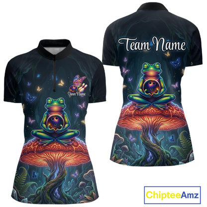 Custom Zen Frog Bowling Shirt for Women Meditation Style Bowling Jersey Polo & 1/4-Zip QZT991
