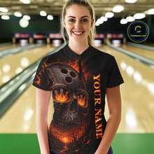 Load image into Gallery viewer, Woman wearing a black shirt with a skull design and 'Your Name' text in a bowling alley.
